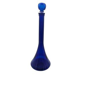 Cobalt Blue Mid Century Glass Decanter /Genie Bottle With Plastic Tip Stopper 15